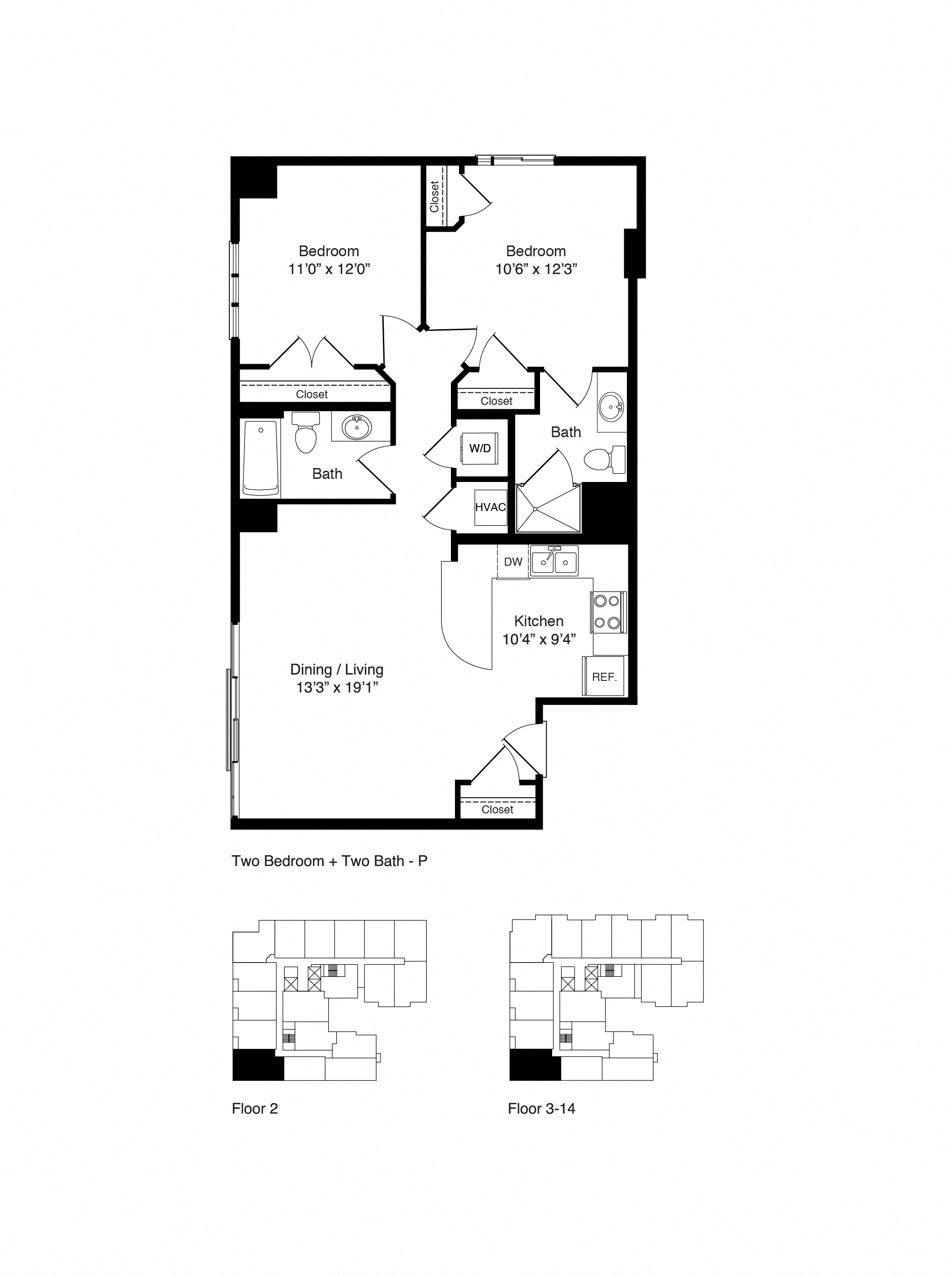 Floor plan for 2 beds, 2 baths, 955 sqft